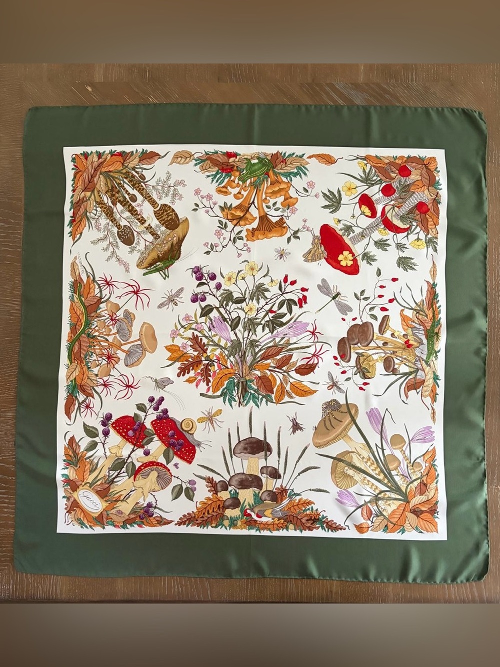 Gucci Silk Scarf Botanical Insect Floral Green Hand Rolled Made in Italy